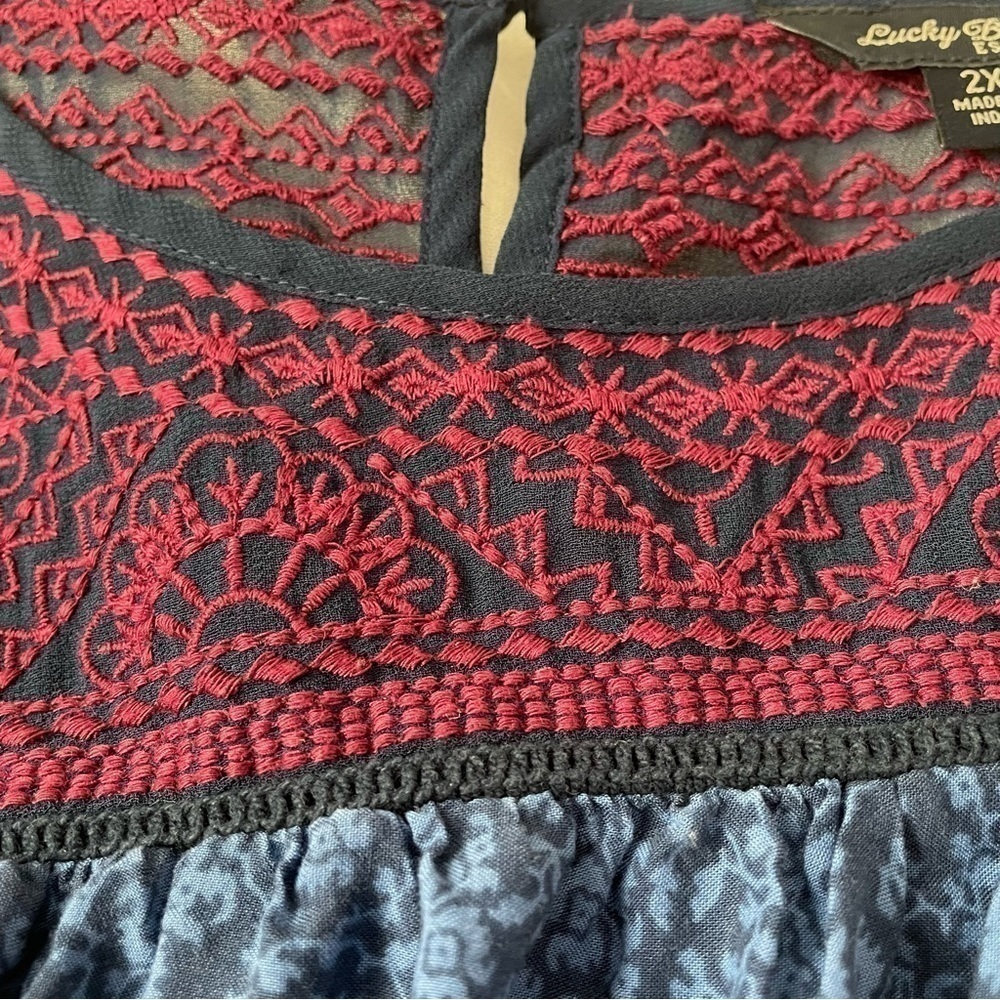 Lucky Brand 2X Border Print Peasant Top Lace Blue Swing - Picture 4 of 9